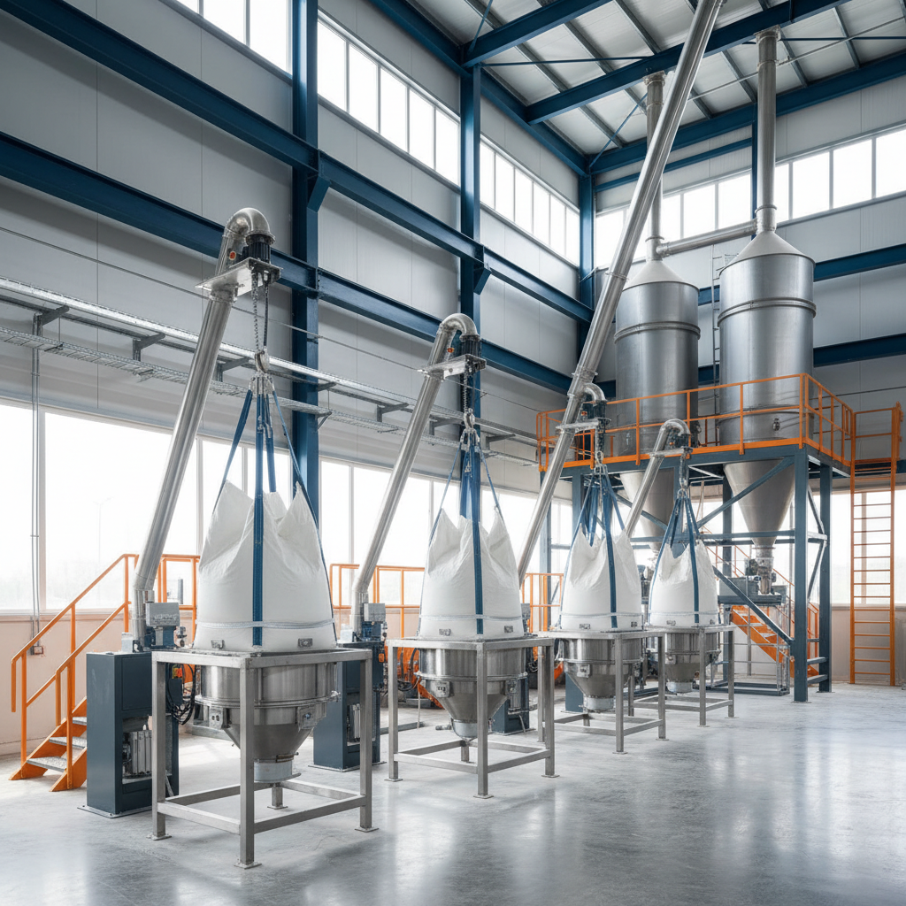A processing plant interior with bulk bag discharging equipment feeding downstream conveying